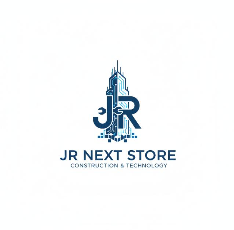 A imagem de um prédio construído com circuitos elétricos, a razão social da empresa JR NEXT STORE e seu ramo de negócio: Construção e Tecnologia.